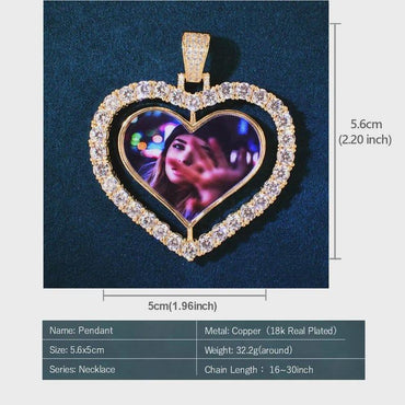 Custom Big Rotate Heart Photo Pendant For Men Women Ice Zircon Make Memory Picture Necklace Chain Hip Hop Jewelry - CaratixJewelry