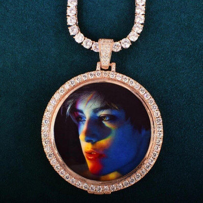 Custom Circle Medallion Photo Pendant One Row Zircon Make Memory Picture Necklace Chain for Men Hip Hop Jewelry - CaratixJewelry