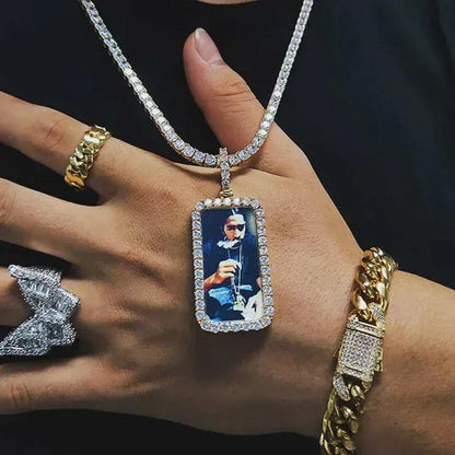 Custom Iced Out Square Picture Necklace for Men Personalized Medallions Rectangle Photo Pendant Free Engrave Hip Hop Jewelry - CaratixJewelry
