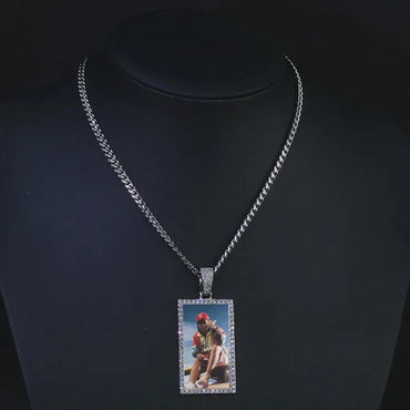 Custom Made Photo Rectangle Shape Pendant Necklace Zircon Men's Hip Hop Jewelry Memory Picture Pendant For Men Gift - CaratixJewelry