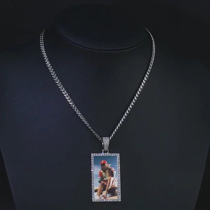 Custom Made Photo Rectangle Shape Pendant Necklace Zircon Men's Hip Hop Jewelry Memory Picture Pendant For Men Gift - CaratixJewelry