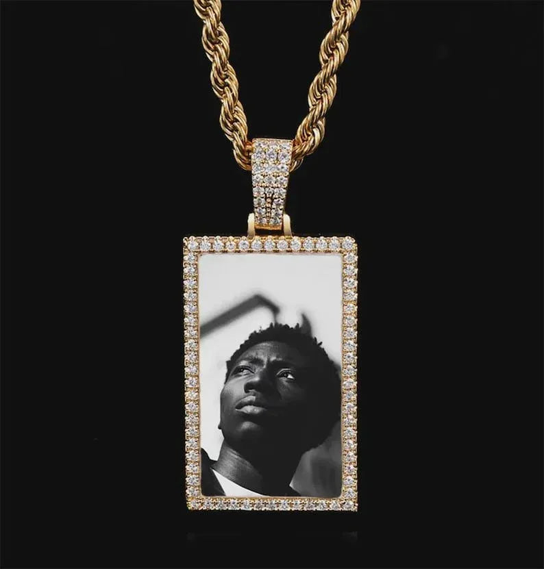 Custom Made Photo Rectangle Shape Pendant Necklace Zircon Men's Hip Hop Jewelry Memory Picture Pendant For Men Gift - CaratixJewelry