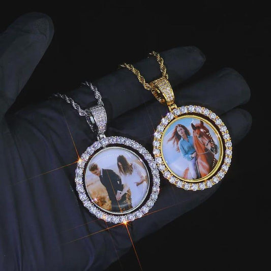 Custom Photo Necklace For Men Rotating Double-Sided Medallions Spinning Pendant Bling Iced Out Hip Hop Jewelry - CaratixJewelry