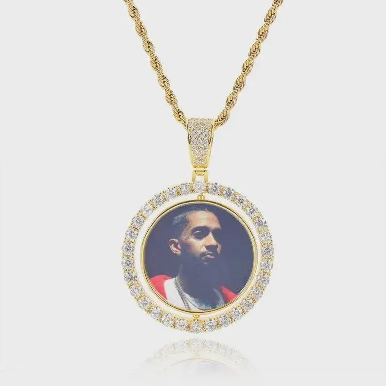 Custom Photo Necklace For Men Rotating Double-Sided Medallions Spinning Pendant Bling Iced Out Hip Hop Jewelry - CaratixJewelry