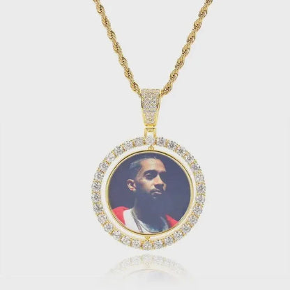 Custom Photo Necklace For Men Rotating Double-Sided Medallions Spinning Pendant Bling Iced Out Hip Hop Jewelry - CaratixJewelry