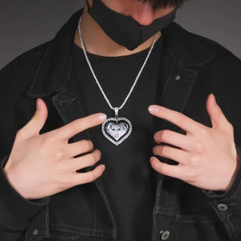 Custom Rotating Heart Photo Necklace For Couple Women Men Spinning DIY Double Sides Pictures Memory Jewelry Gift - CaratixJewelry