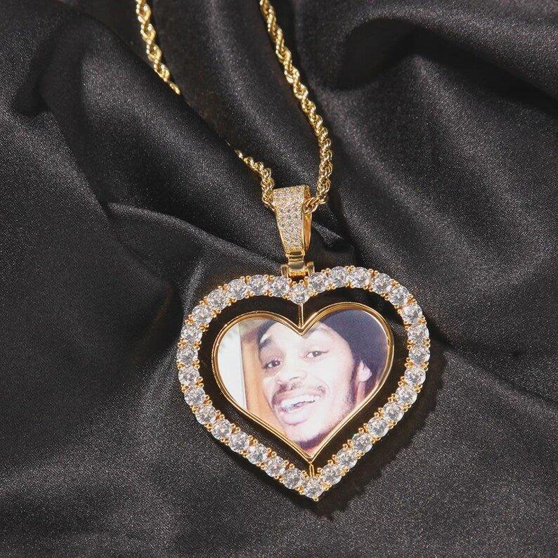 Custom Rotating Heart Photo Necklace For Couple Women Men Spinning DIY Double Sides Pictures Memory Jewelry Gift - CaratixJewelry