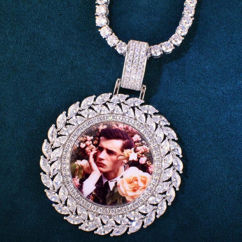 Custom Round Photo Pendant Necklace, Hip Hop Iced Out Copper Zircon Chain, Personalized DIY Picture Jewelry for Men Women - CaratixJewelry