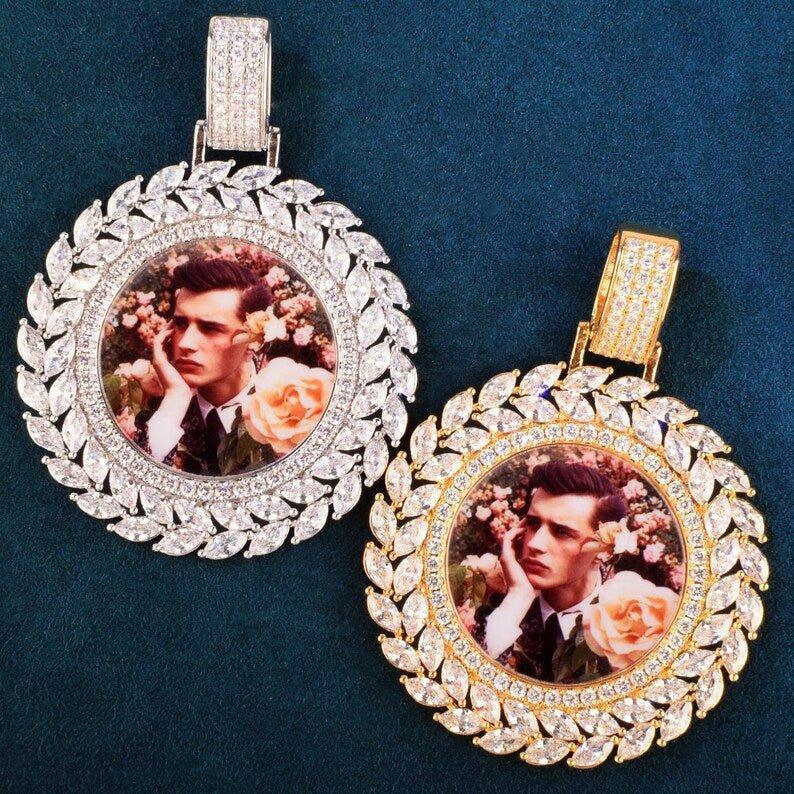 Custom Round Photo Pendant Necklace, Hip Hop Iced Out Copper Zircon Chain, Personalized DIY Picture Jewelry for Men Women - CaratixJewelry