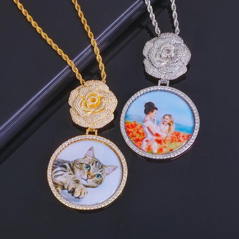 Customizable HipHop Rose Flower Bail Medallion Jewelry Personalized DIY Photo Memory Pendant 45/68mm Circle Picture Chain Gift - CaratixJewelry