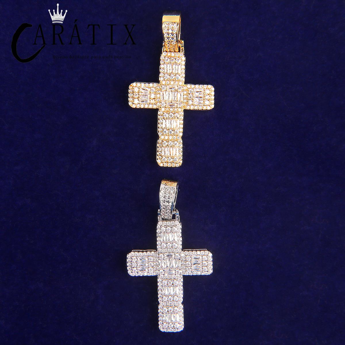 CARÁTIX Bubble Letter Baguette Cross Pendant Necklace – Iced Out Hip Hop Jewelry for Men & Women