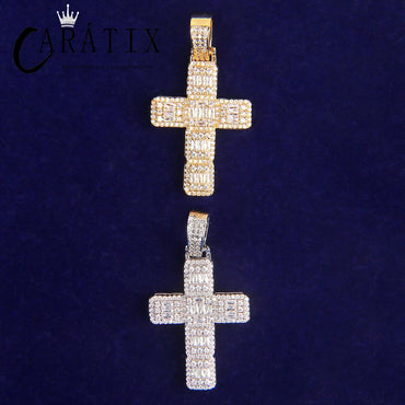 CARÁTIX Bubble Letter Baguette Cross Pendant Necklace – Iced Out Hip Hop Jewelry for Men & Women