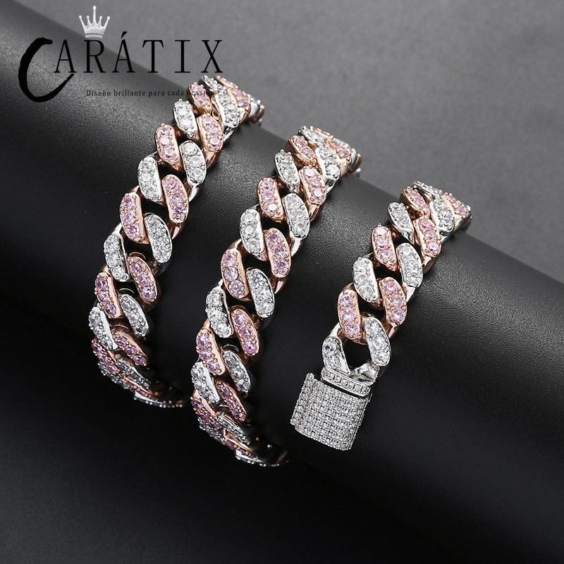 CARÁTIX Pink & White AAA CZ Cuban Link Chain Necklace – Iced Out Round Hip Hop Bling Jewelry for Men & Women | Fashion Choker Gift
