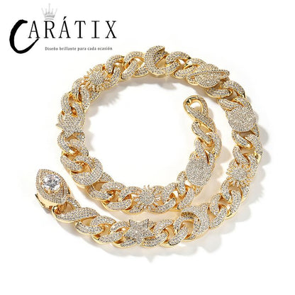 CARÁTIX Sun Star Eye Flower Cuban Link Chain Necklace – 5A+ CZ Iced Out Hip Hop Bling Jewelry for Men | Gold & Silver Rapper Gift