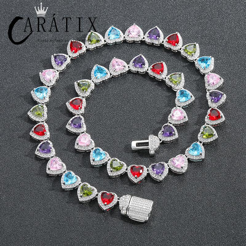 CARÁTIX Colorful Hearts Tennis Chain | CZ Iced Out Hip Hop Choker Necklace for Men & Women
