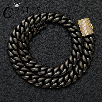 CARÁTIX - Hip Hop Bling Iced Out Stainless Steel 14mm Round Cuban Miami Link Chain Necklace for Men Rapper Jewelry Black Color Valentine's Day Gift for Men & Girls & Boys Mothers' Day Gift #Springtok