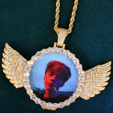 Wing Flip-Open Photo Pendant | CZ Iced Out DIY Custom Picture Hip Hop Necklace - CaratixJewelry