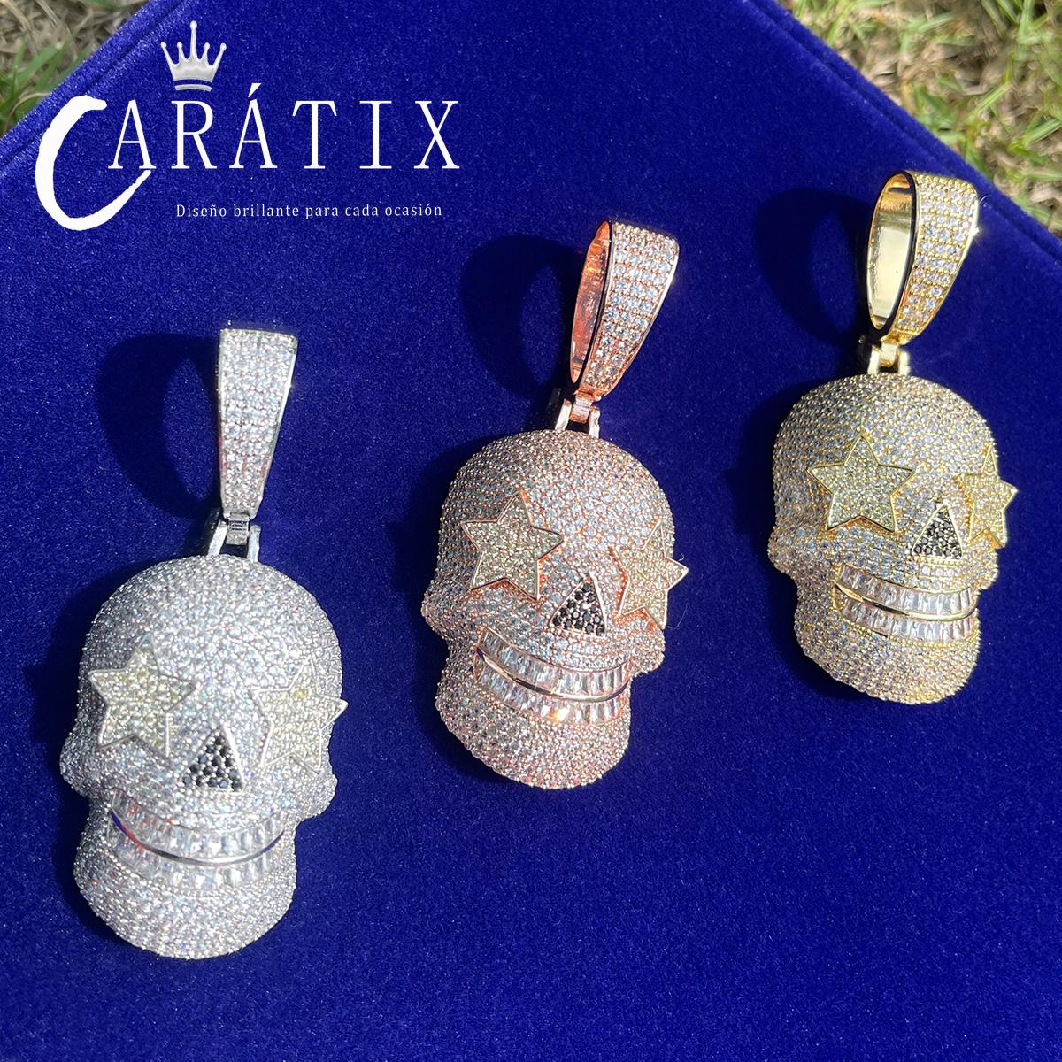 CARÁTIX Bubble Letter Iced Out Skull Pendant Necklace – Copper Hip Hop CZ Jewelry for Men & Women