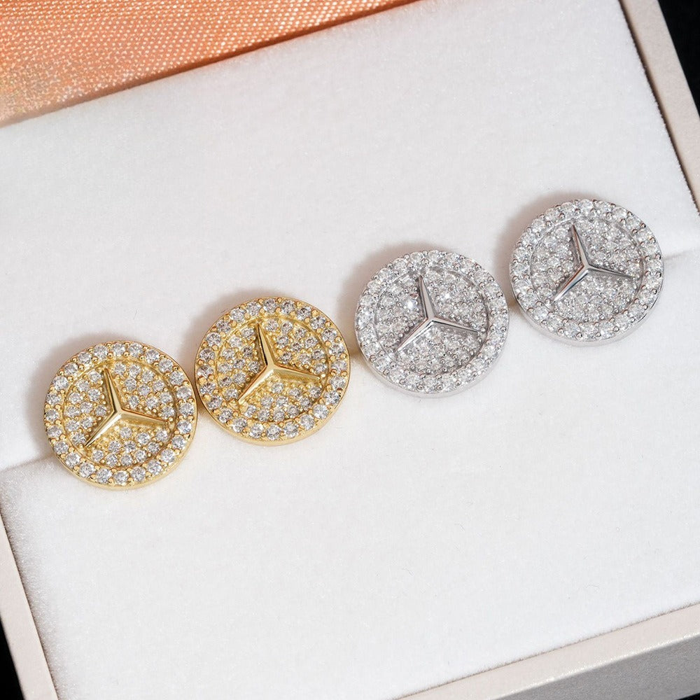 S925 Sterling Silver Mercedes Logo Moissanite Studs | Iced Out Car Earring | Caratix