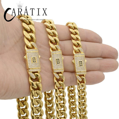 CARÁTIX Golden Stainless Steel Cuban Chain | CZ Box Lock Iced Out Hip Hop Necklace for Men