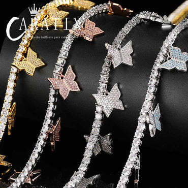 CARÁTIX - 4mm Hip Hop 3A+ CZ Stone Paved Bling Iced Out Butterflys Tennis Link Chain Chokers Necklaces for Men Women Unisex Rapper Jewelry Valentine's Day Gift for Men & Girls & Boys Mothers' Day Gift #Springtok