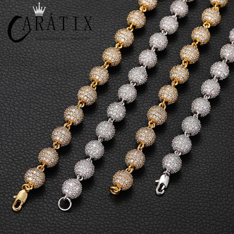 CARÁTIX 10mm Beads Link Chain Necklace – Full CZ Iced Out Hip Hop Bling Jewelry for Men & Women | Rapper Choker Gift