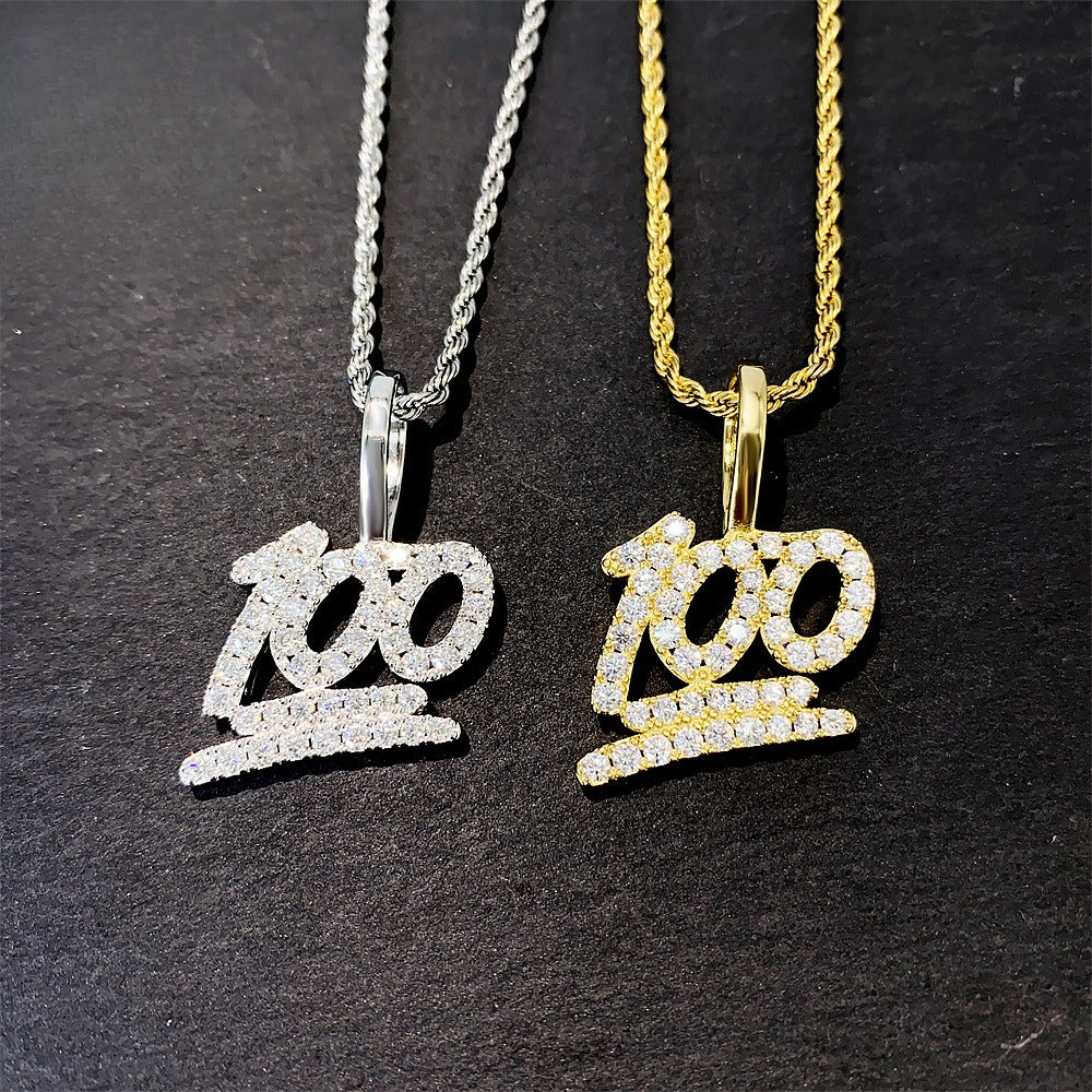 Iced Out 100 Number Pendant | Men's Gold Plated Hip Hop 100 Charm | Caratix