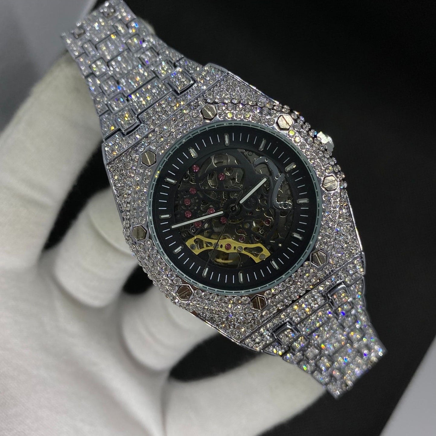 Self-Wind Mechanical Skeleton Iced Out Diamond Watch – Luxury Hip Hop Timepiece