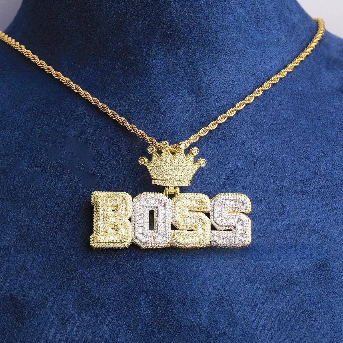 Luxury Two-Tone "BOSS" Crown Pendant | Men's Real Copper CZ Necklace - CaratixJewelry