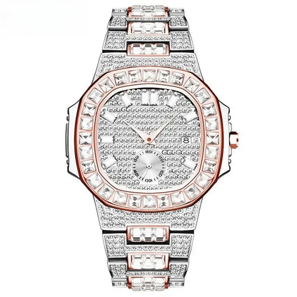 Luxury Big Men's Watch | Rose Gold Iced Out Watch | Crystal Rhinestone Analog Japan Quartz Wristwatch | Fashion Male Clock | Caratix - CaratixJewelry