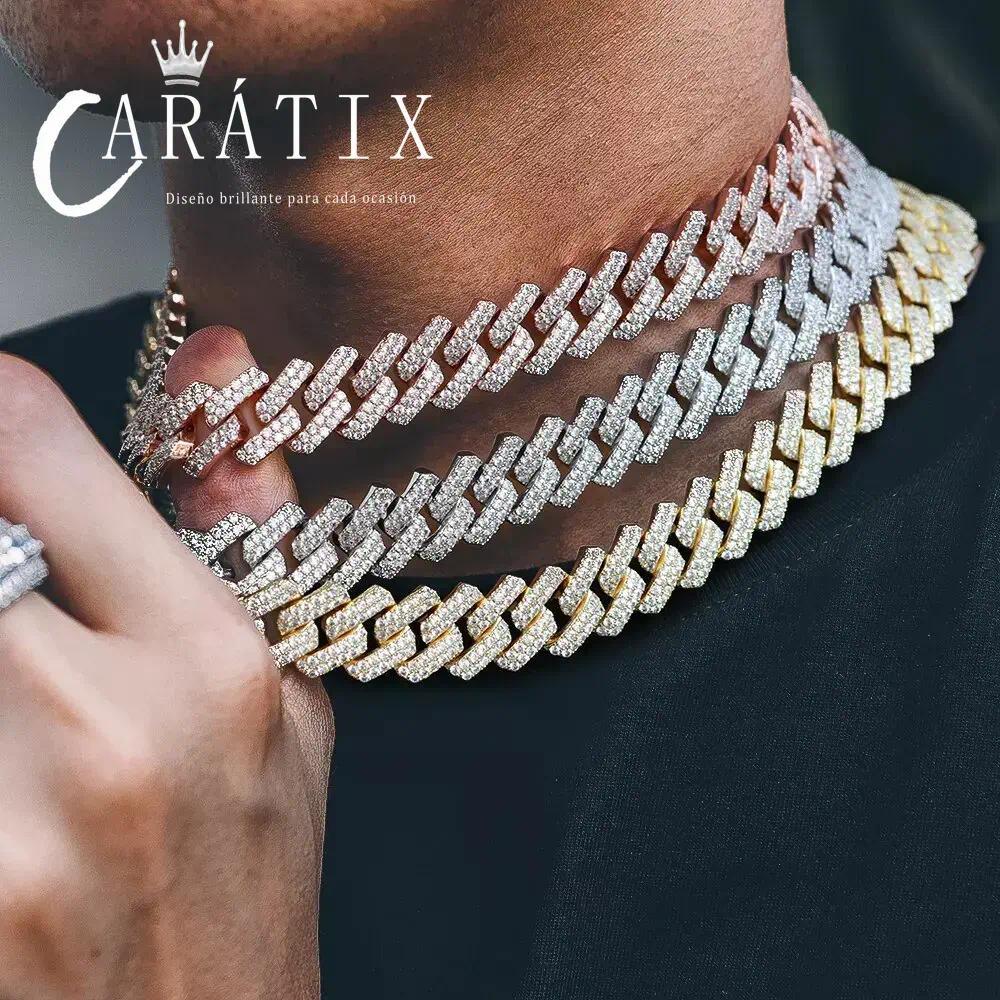 CARÁTIX 14mm 2-Row Prong Cuban Link Chain Necklace – Cubic Zirconia Iced Out Hip Hop Bling Jewelry for Men | White Miami Style