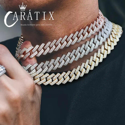 CARÁTIX 14mm 2-Row Prong Cuban Link Chain Necklace – Cubic Zirconia Iced Out Hip Hop Bling Jewelry for Men | White Miami Style