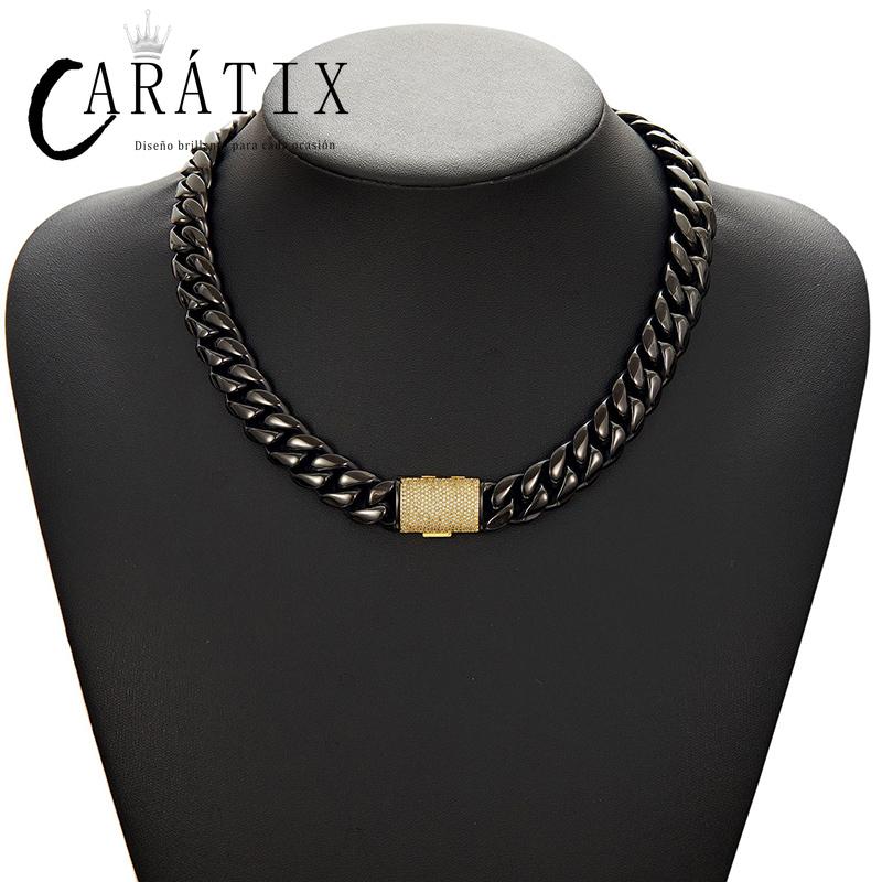 CARÁTIX - Hip Hop Bling Iced Out Stainless Steel 14mm Round Cuban Miami Link Chain Necklace for Men Rapper Jewelry Black Color Valentine's Day Gift for Men & Girls & Boys Mothers' Day Gift #Springtok