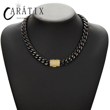 CARÁTIX - Hip Hop Bling Iced Out Stainless Steel 14mm Round Cuban Miami Link Chain Necklace for Men Rapper Jewelry Black Color Valentine's Day Gift for Men & Girls & Boys Mothers' Day Gift #Springtok