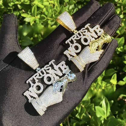 Iced Out "TRUST NO ONE" Handshake Pendant | Men's Real Copper CZ Necklace - CaratixJewelry