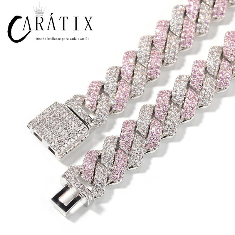 CARÁTIX Two-Tone Pink & White Cuban Link Chain Necklace – AAA CZ Iced Out Hip Hop Bling Jewelry for Men & Women | Rapper Gift