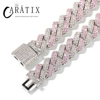 CARÁTIX Two-Tone Pink & White Cuban Link Chain Necklace – AAA CZ Iced Out Hip Hop Bling Jewelry for Men & Women | Rapper Gift