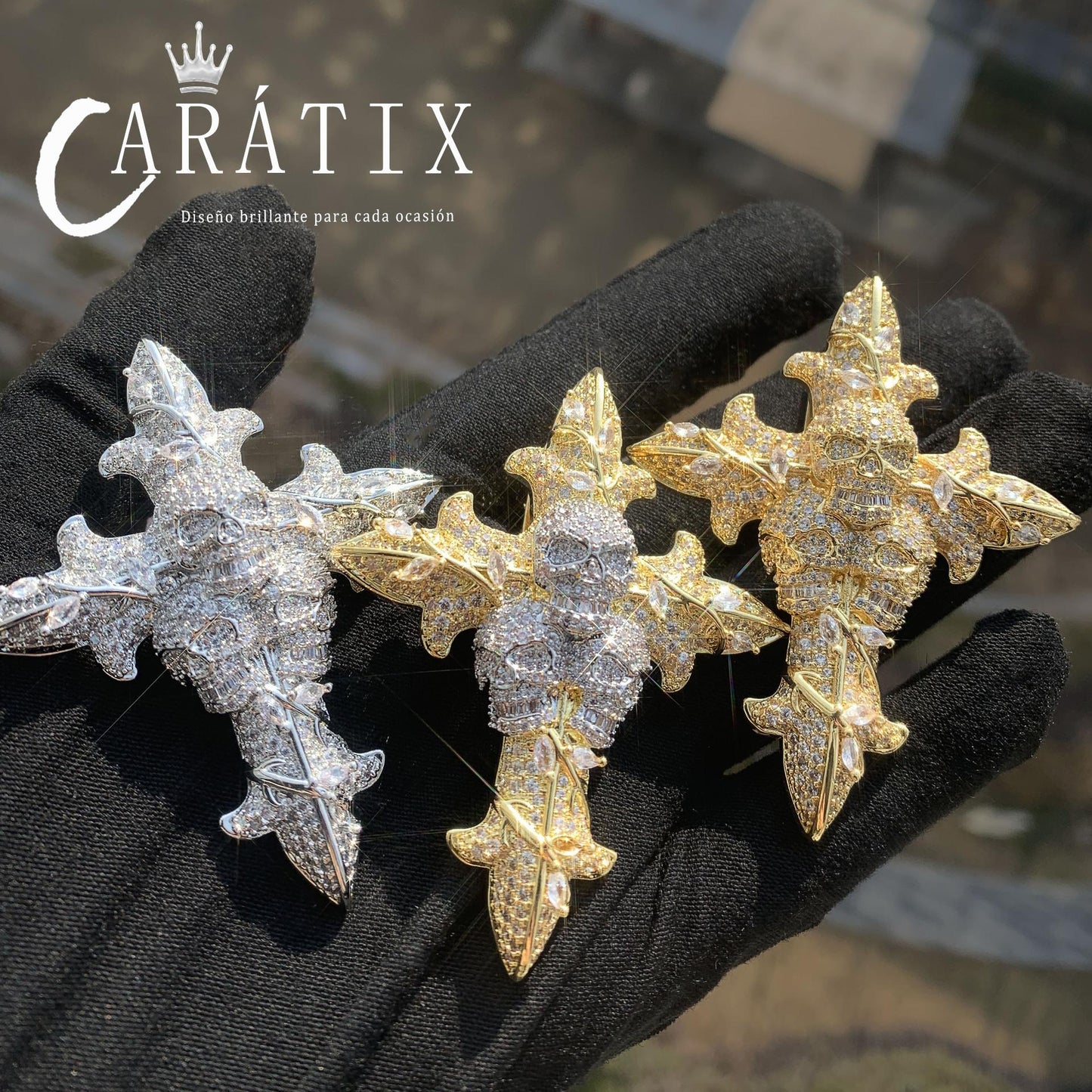 CARÁTIX Hip Hop Skull Cross Pendant Necklace – Iced Out CZ Jewelry for Men & Women