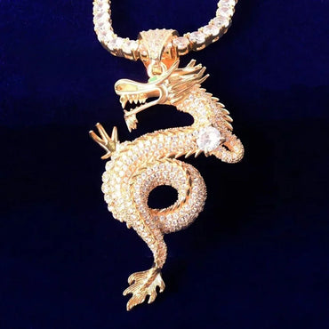 Iced Out Chinese Dragon Zodiac Pendant | Year of the Dragon Vintage Gold Necklace - CaratixJewelry
