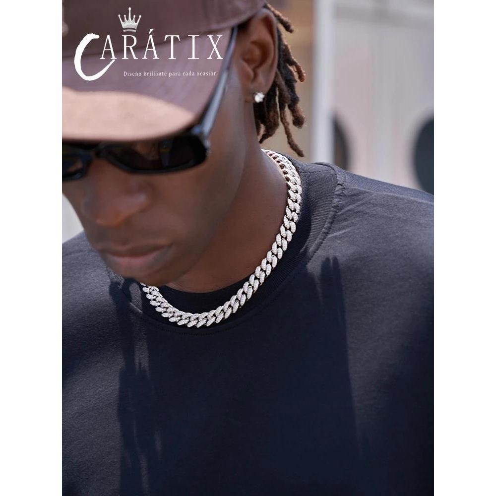 CARÁTIX 12mm Stainless Steel Cuban Link Chain Necklace – Rhinestone CZ Iced Out Hip Hop Jewelry for Men & Women | No Fade Design