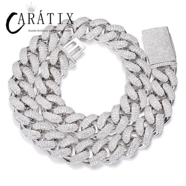 CARÁTIX 18mm Iced Out Cuban Link Chain Necklace – 3 Row CZ Rhombus Hip Hop Bling Jewelry for Men | Rapper Gift - CaratixJewelry