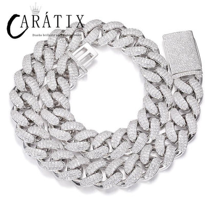 CARÁTIX 18mm Iced Out Cuban Link Chain Necklace – 3 Row CZ Rhombus Hip Hop Bling Jewelry for Men | Rapper Gift