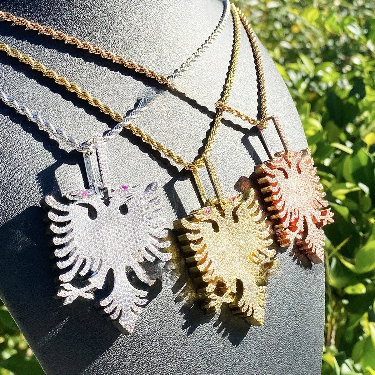 Iced Out Albanian Double-Headed Eagle Pendant | Men's Real Copper CZ Necklace - CaratixJewelry