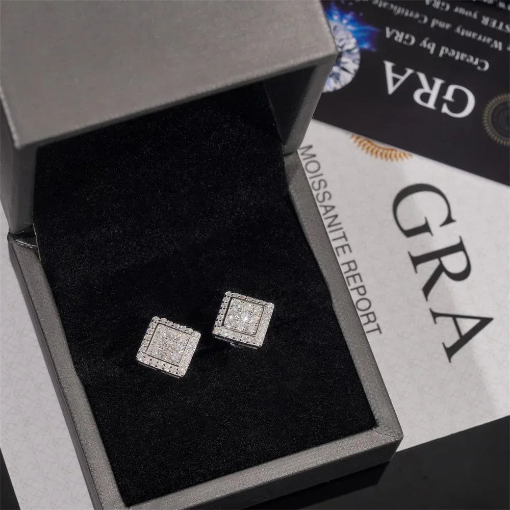 925 Silver Square Moissanite Stud Earrings Unisex Couple Style - CaratixJewelry