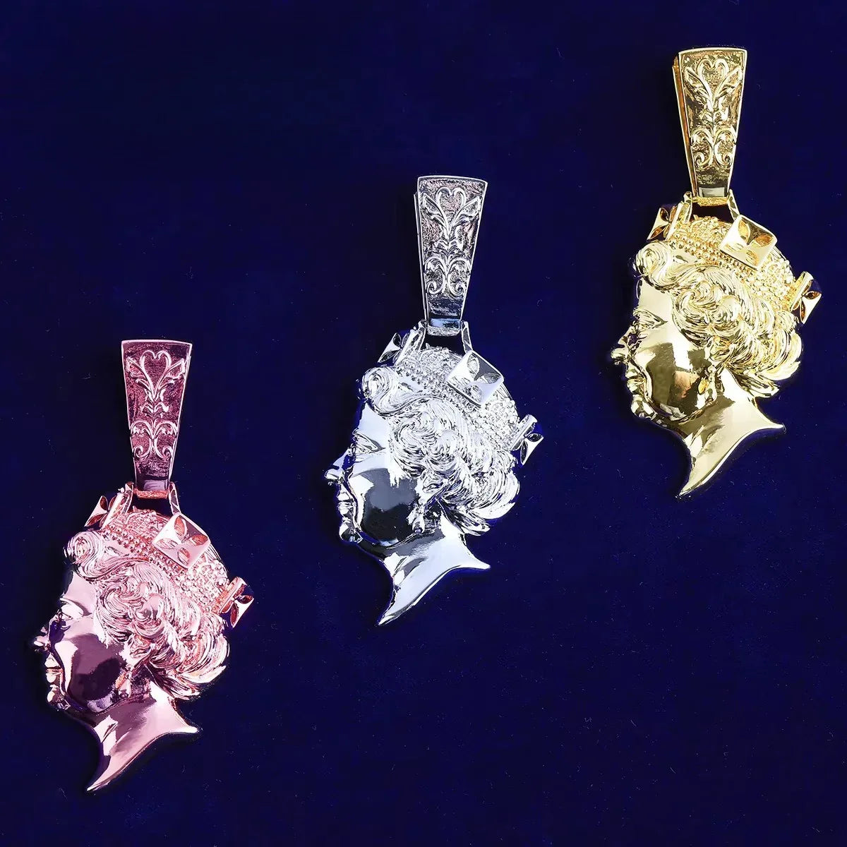 Iced Out Queen Elizabeth Portrait Pendant | Men's Real Copper CZ Necklace - CaratixJewelry