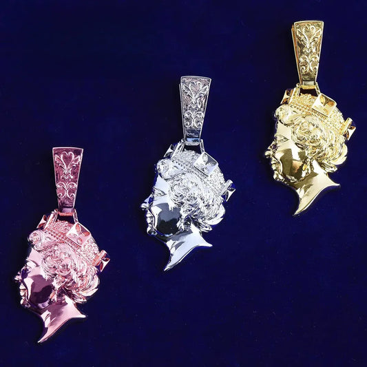 Iced Out Queen Elizabeth Portrait Pendant | Men's Real Copper CZ Necklace - CaratixJewelry