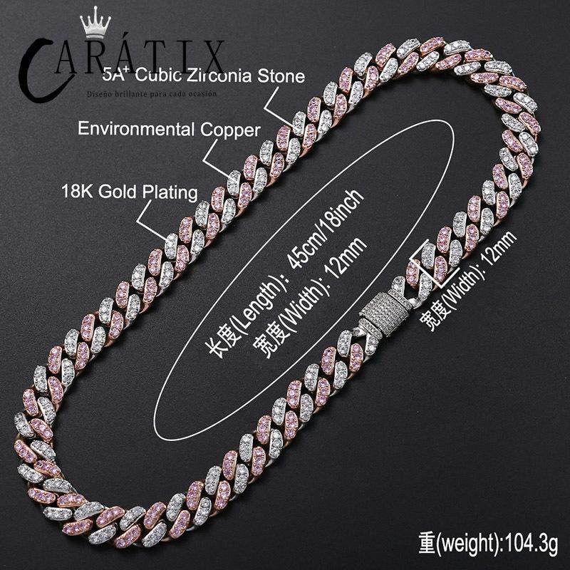 CARÁTIX Pink & White AAA CZ Cuban Link Chain Necklace – Iced Out Round Hip Hop Bling Jewelry for Men & Women | Fashion Choker Gift