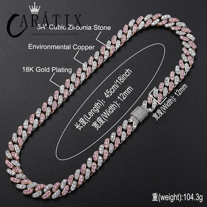 CARÁTIX Pink & White AAA CZ Cuban Link Chain Necklace – Iced Out Round Hip Hop Bling Jewelry for Men & Women | Fashion Choker Gift