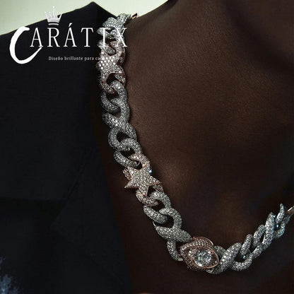 CARÁTIX Two-Tone Pink & Silver Star Cuban Link Chain Necklace – Eye Clasp Iced Out Hip Hop Luxury Choker Jewelry | Party Gift