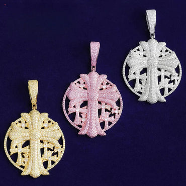 Iced Out Cross Medallion Pendant | Men's Round Disc Necklace - CaratixJewelry